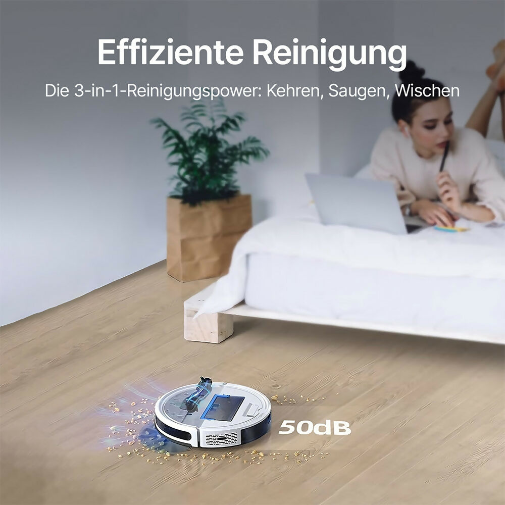 Saugroboter Pro mit Wischfunktion / 4000 Pa Saugkraft / Intelligente Reinigungsrouten / App-Steuerung / 150 Min. Laufzeit / Teppicherkennung / Einfache Wartung / Alexa & Google kompatibel