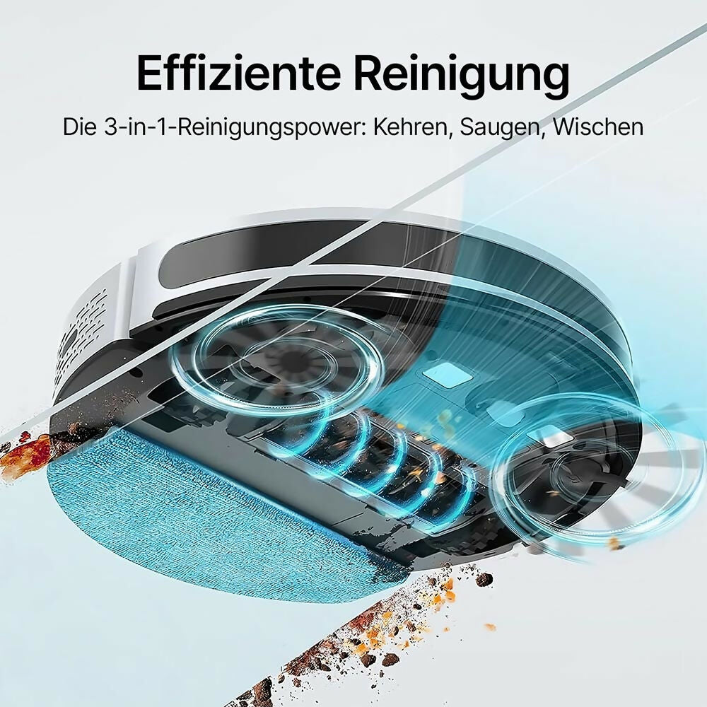 Saugroboter Pro mit Wischfunktion / 4000 Pa Saugkraft / Intelligente Reinigungsrouten / App-Steuerung / 150 Min. Laufzeit / Teppicherkennung / Einfache Wartung / Alexa & Google kompatibel
