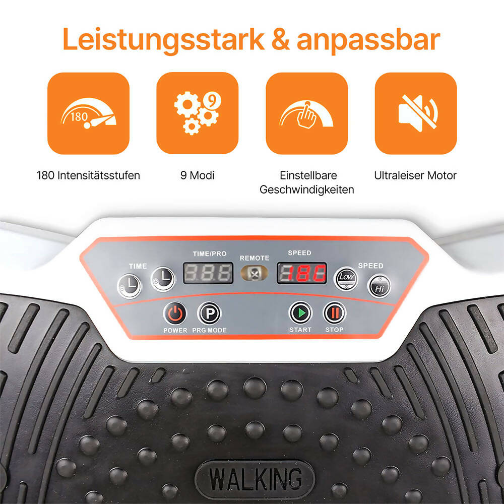 Vibrationsplatte mit 180 Stufen für effektives Training / Fitnessplatte inkl. Fernbedienung & 2 Widerstandsbändern / Fett verlieren und Fitnesstraining von Zuhause mit Vibrationsgerät