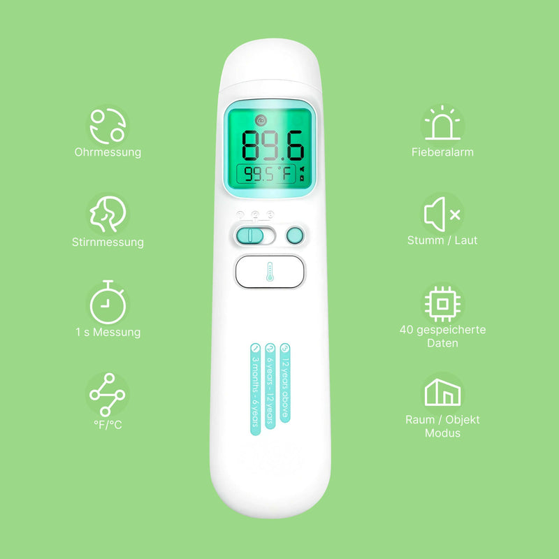 Berührungsloses Infrarot-Thermometer für Babys & Erwachsene / Stirn- und Ohrenthermometer / Medizinischer Standard / Schnelle und genaue Ergebnisse in 1 Sekunde / Mit Fieberalarm und 4-in-1 Messungen