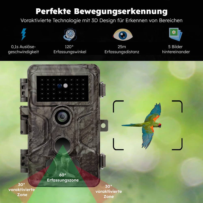 Wildkamera / Sony Sensor / Scharfes 48MP Bild / 30M Nachtsichtbereich / Schnelle Auslösegeschwindigkeit / Bewegungsmelder / 120° Erfassungswinkel / Integrierter 2,4"-Farbbildschirm