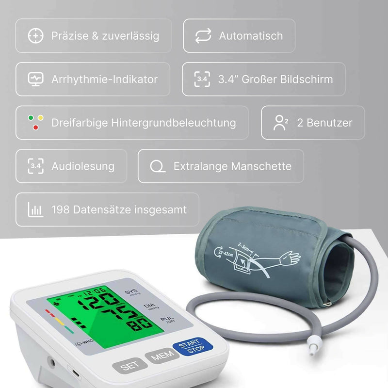 Vollautomatisches Oberarm-Blutdruckmessgerät für präzise Blutdruck- und Pulsmessung / BP-Maschinenmessgerät mit Speicherfunktion & Ampel-Skala / Warnfunktion bei unregelmäßigem Herzschlag