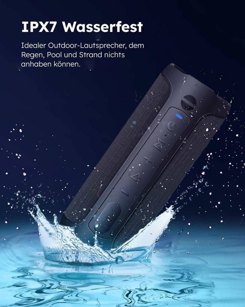 Bluetooth Lautsprecher / Kraftvoller Stereo Sound / IPX7 Wasserdicht / Freisprechfunktion / Optionales LED Licht / 20H Akkulaufzeit