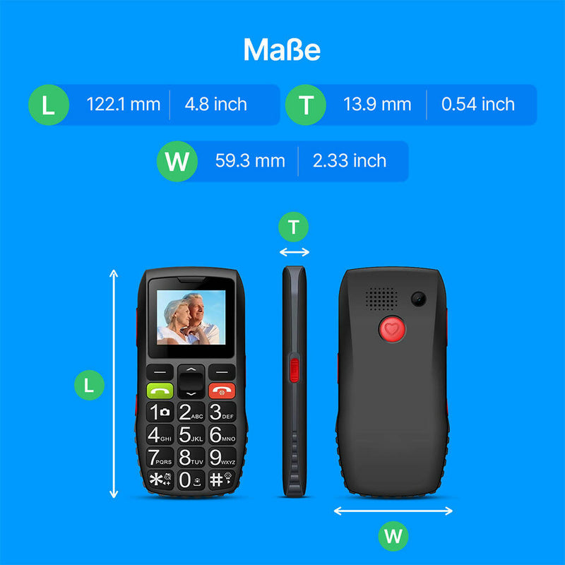 Seniorenhandy ohne Vertrag mit großen Tasten / Mobiltelefon für ältere Menschen mit hoher Lautstärke / 1,77 Zoll Bildschirm und SOS-Funktion