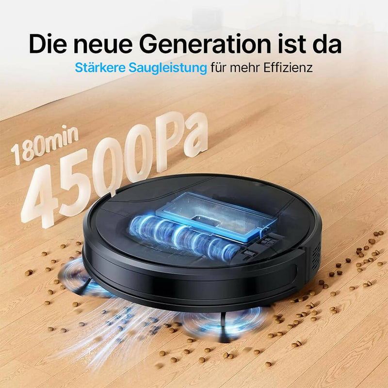 Akku Staubsauger Roboter / 4500PA / 180 Minuten Laufzeit / Intelligente Routenführung / Großer Staubbehälter / 3 HEPA-Filter / Auto-Boost für Höhenunterschiede / App-Steuerung