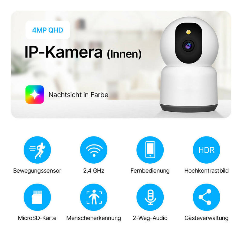 Überwachungskamera (innen) / Nachtsicht in Farbe / Echtzeit-Warnungen / Flexible Speicheroptionen / 2-Wege-Audio / Personenerkennung / App für Aufnahmen und Lenkung / Alexa-Kompatibilität