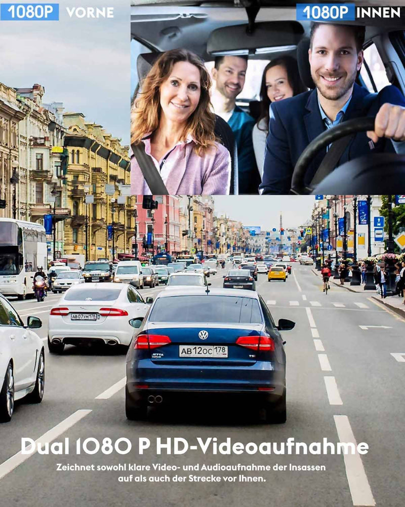 Full HD Dashcam, Autokamera mit 32 GB SD-Karte, 310° Weitwinkelansicht, Parküberwachung, Bewegungserkennung, Infrarot Nachtsicht, G-Sensor