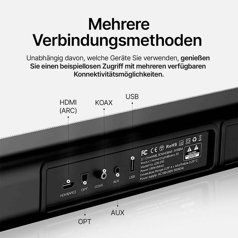 Premium Soundbar für TV, PC, Laptop & Home Cinema / Elegante Bluetooth Soundbar mit Subwoofer Surround-Sound / HDMI