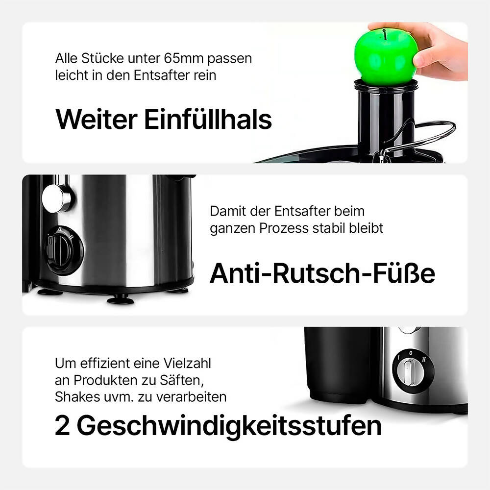 Entsafter mit optimierter Saftausbeute / 65mm Einfüllhals / 2 Geschwindigkeitsstufen / 450ml Saftkapazität & 1600ml Tresterbehälter / Leistungsstarker Motor & Edelstahl-Filter