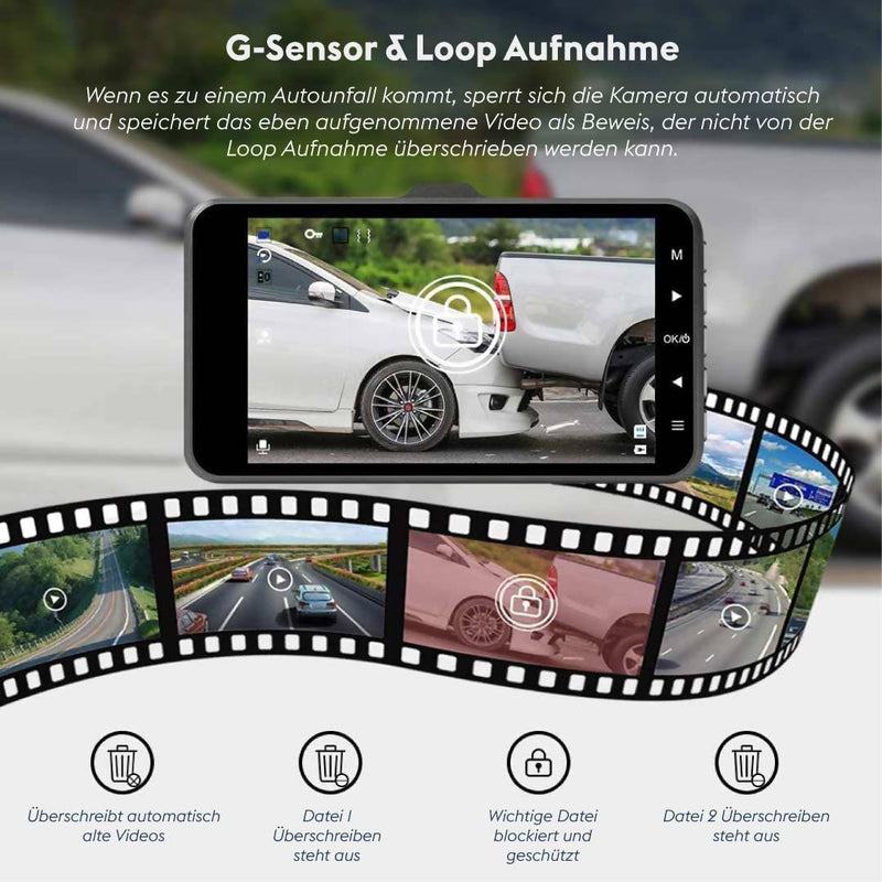 Dashcam, Autokamera mit 32 GB SD-Karte, 4 Zoll Full HD Bildschirm, Parküberwachung, Bewegungserkennung, Nachtsicht, G-Sensor