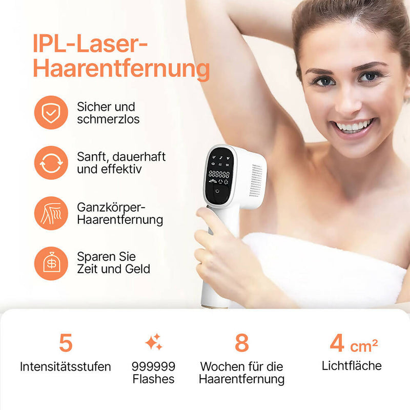 IPL-Gerät zur schmerzlosen Haarentfernung für Männer und Frauen / Haarentfernungsgerät für Gesicht, Achselhöhlen, Arm, Rücken, Bikinizone und Beine / 999.999 Flashes